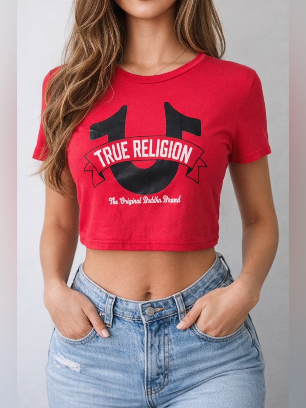 True Religion Y2K Graphic Crop Top Red Horseshoe Logo Baby Tee Women’s Medium - Picture 4 of 9